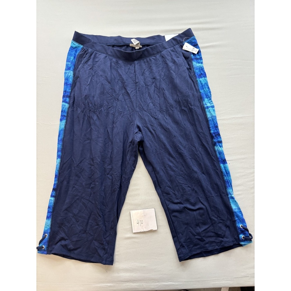 Catherines Womens 2X 22/24W Blue Tie-Dye Side Panel Lace-Up Capri Pants